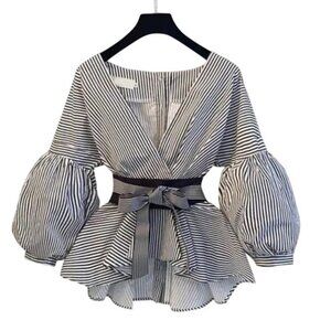 Korean Style Blue & White Striped Lantern Sleeve Blouse w/Tie Waist Belt Size L